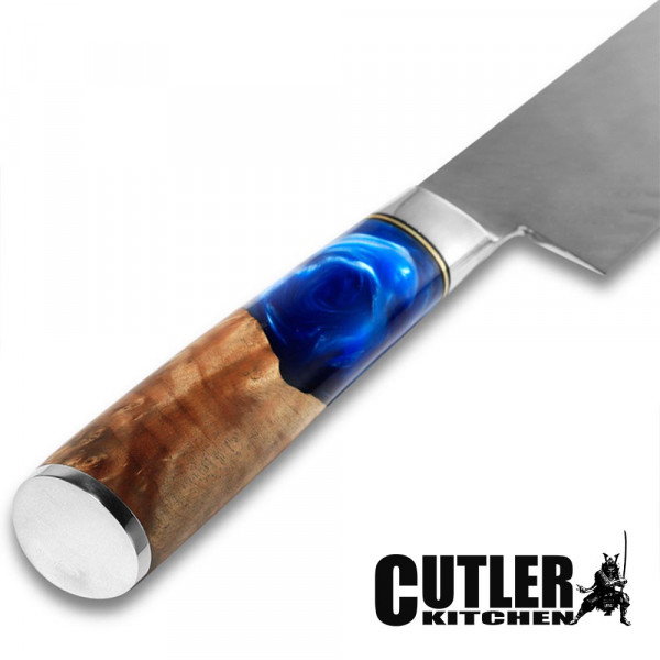Професионален кухненски нож DAMASK CUTLER BLUE COMPACT J008, дълъг, тънък и тесен, супер издръжлив, 25.6 см